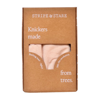 Brown cardboard box with 'Stripe & Stare' branding and tan knickers inside, on a white/grey background.