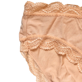 Beige lace-trimmed underwear on a white/grey background