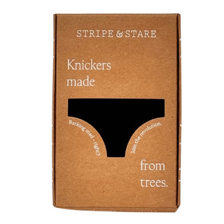 Brown cardboard box with 'Stripe & Stare' branding containing black lace trimmed brief underwear on a white background.